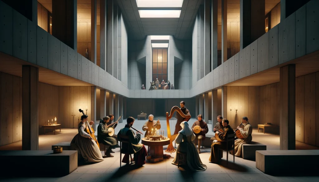 Eine Gruppe von Renaissance-Musikern sitzt in einem brutalistisch anmutenden Saal. Foto: DALL·E